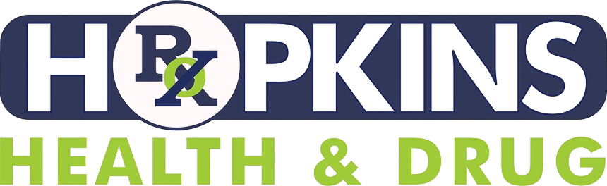 Logo for Hopkins Health & Drug with "Rx" symbol inside the letter "O" in Hopkins.