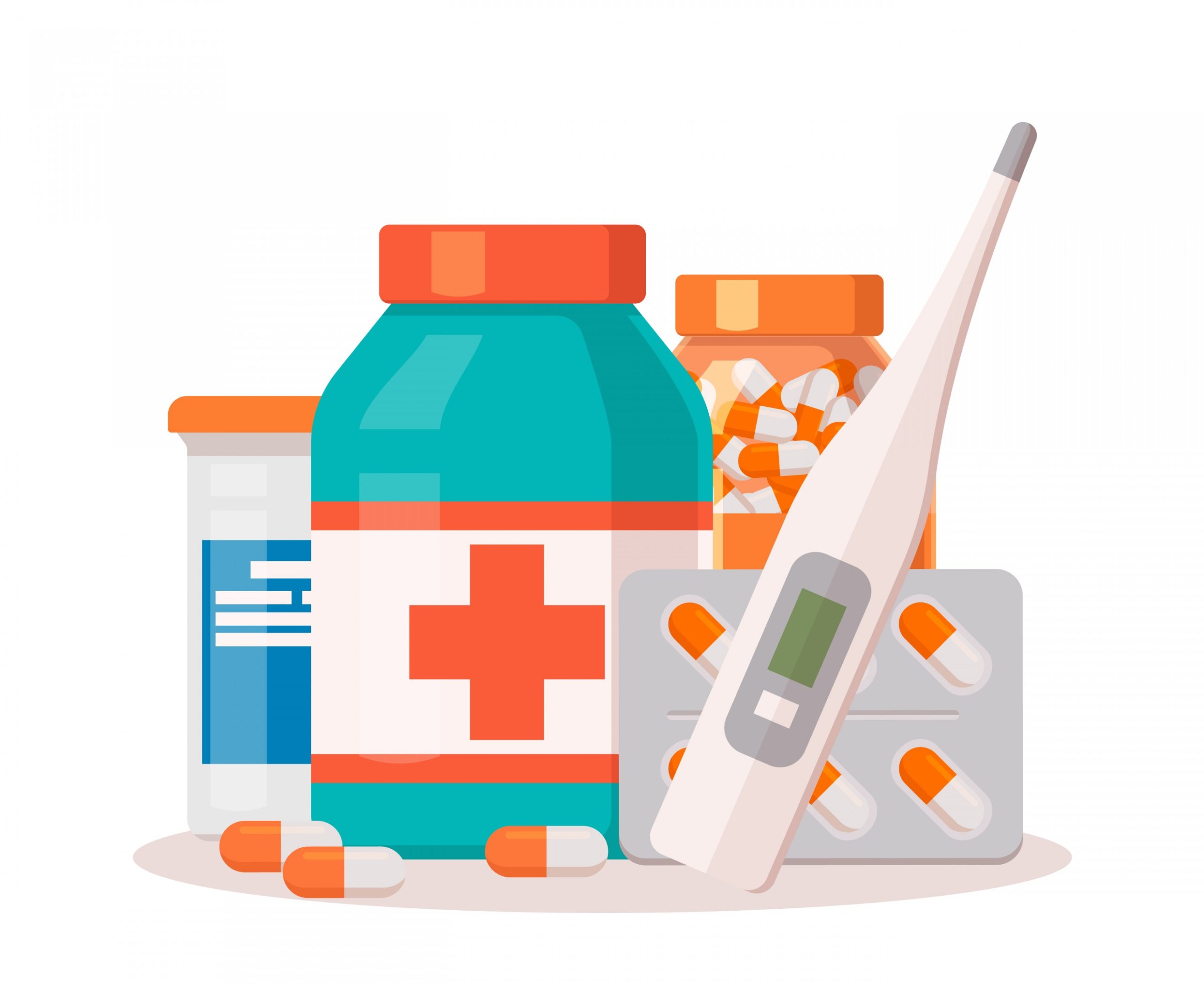 Pills, medicine bottles, a digital thermometer, and a blister pack with capsules on a white background.