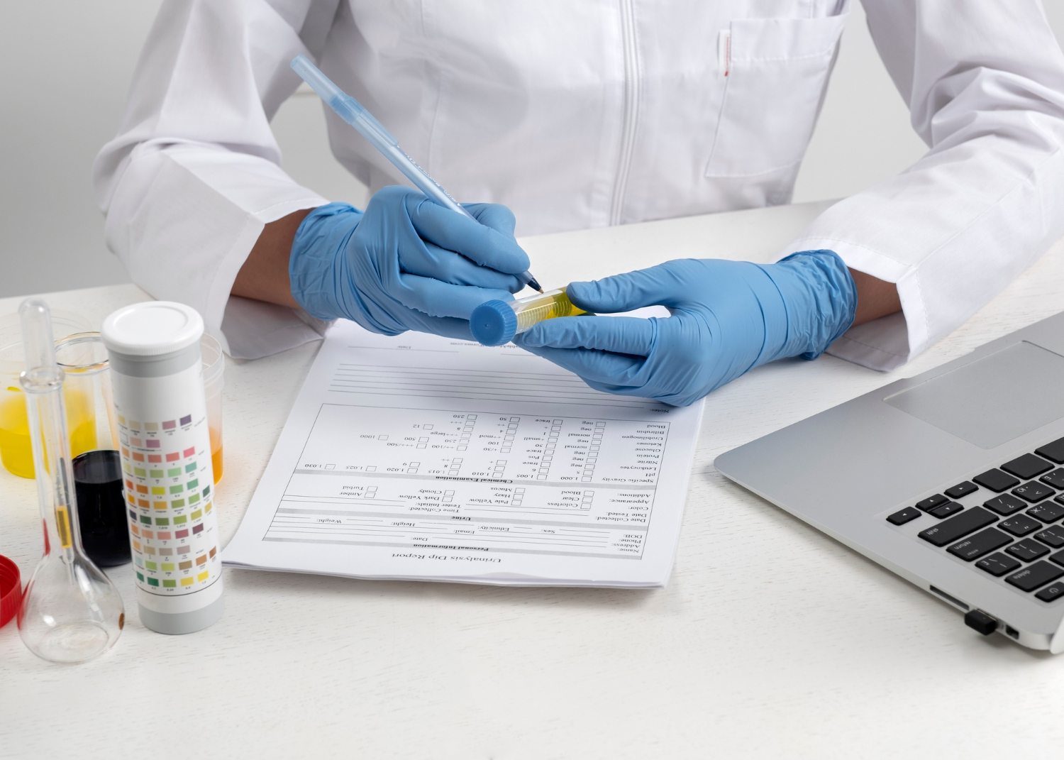 2149372017 Scientist in lab coat and gloves labeling a test tube near lab equipment, test strips, and a laptop.